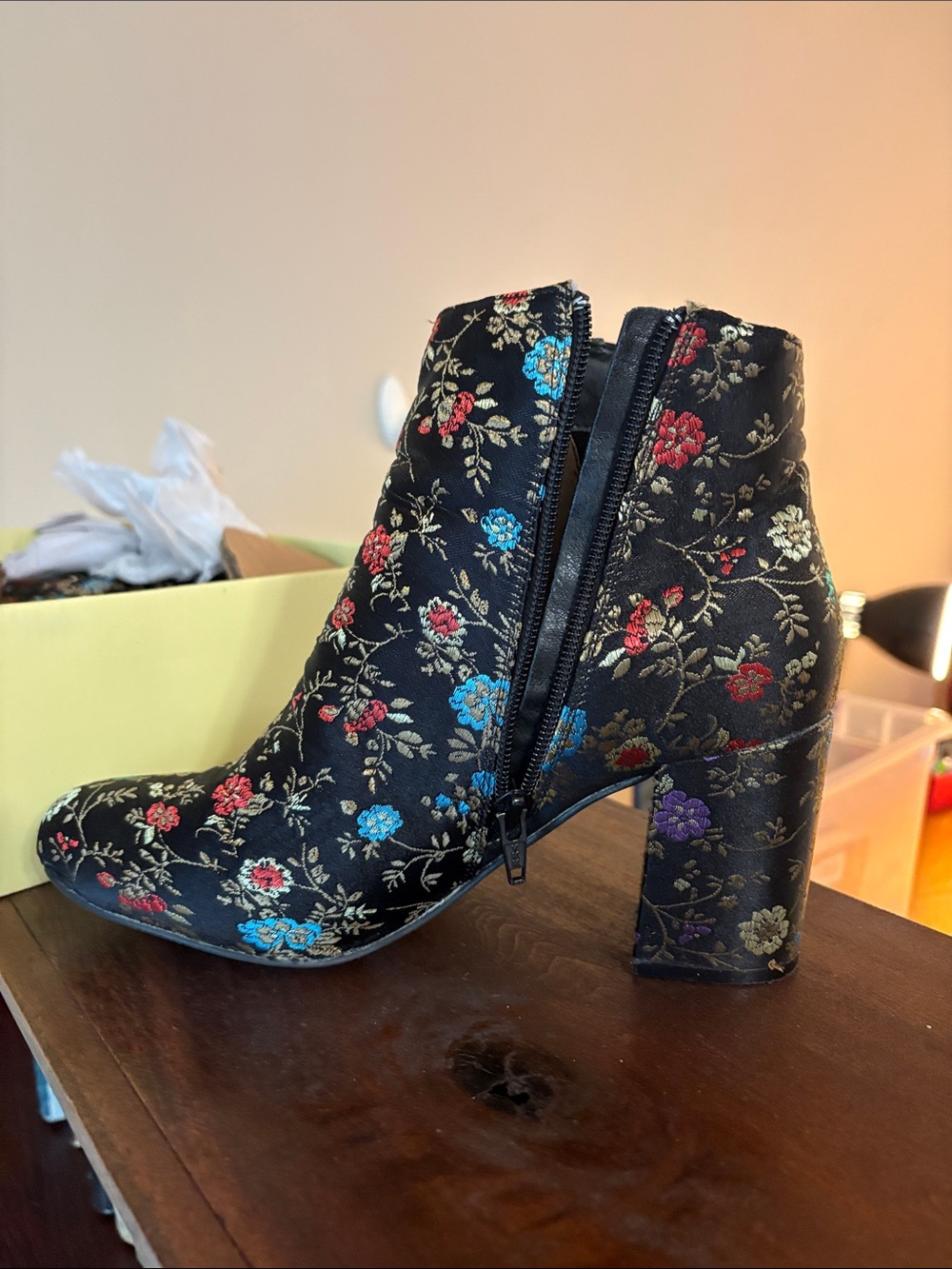 Diba Black Floral Embroidered Ankle Boots